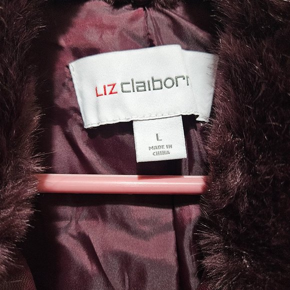 NEW Liz Claiborne Removable Faux Fur Collar Zip Coat size L Faux Leather Maroon - Picture 5 of 15